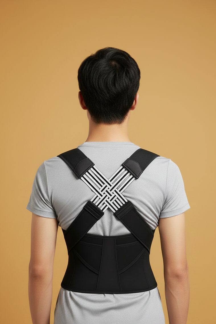 Man Wearing Posture Corrector - Amber Gold Background